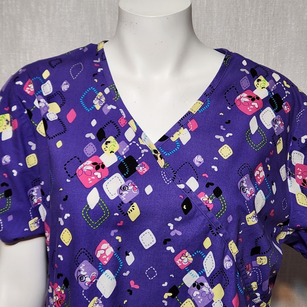 SB Scrubs Confetti Purple V Neck Scrub Top Cotton Medical Large - Picture 2 of 10